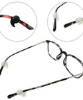 12 Pairs Silicone Eyeglasses Retainers Anti Slip Glasses Temple Holders Stay Put Stoppers For Sports And Study With Four Design Options In Black Clear And Brown displayed on eyeglasses.