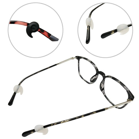 12 Pairs Silicone Eyeglasses Retainers Anti Slip Glasses Temple Holders Stay Put Stoppers For Sports And Study With Four Design Options In Black Clear And Brown displayed on eyeglasses.