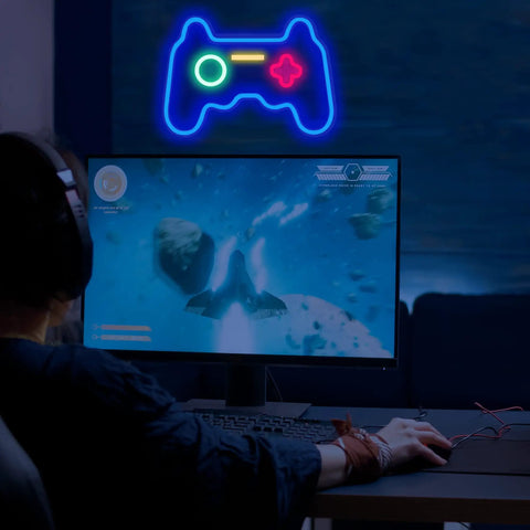 Christmas Gamepad Neon Sign For Gamers 16 By 11 Inches USB Powered LED Light For Teen Rooms on wall over gaming setup