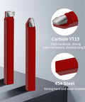 Two red carbide-tipped lathe cutter tools with silver tips, shown in side and front views.