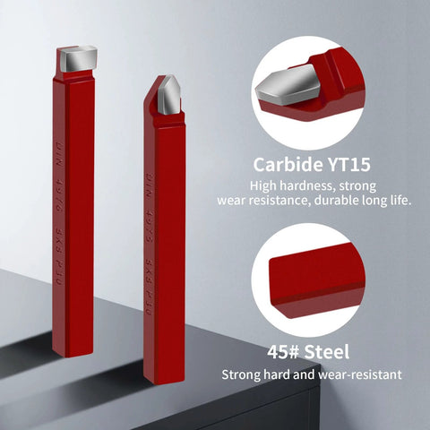 Two red carbide-tipped lathe cutter tools with silver tips, shown in side and front views.