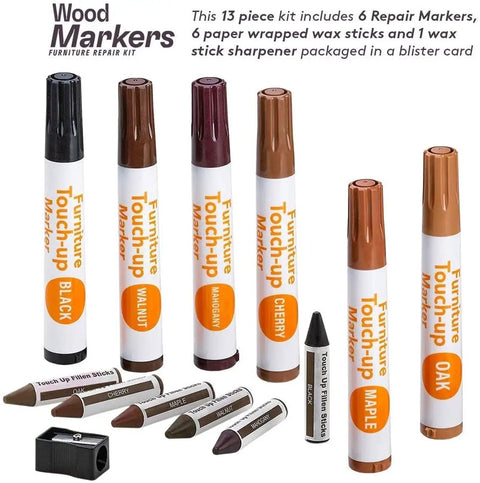 13 Piece Wood Stain and Scratch Repair Kit for Furniture With Markers and Wax Sticks Quick Fix for Scratches