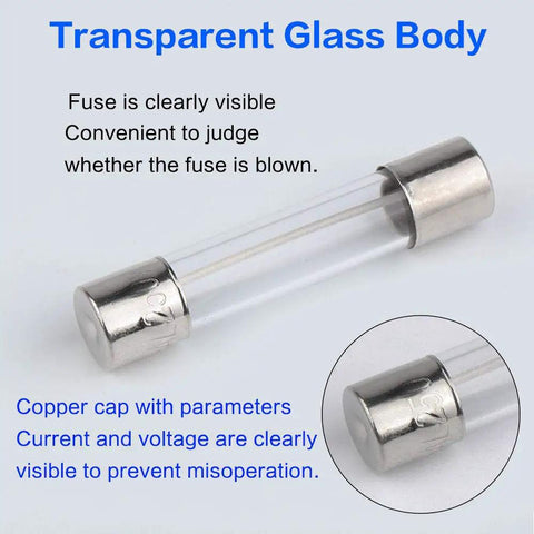 Close-up of Road Tested Fast Blow Glass Fuse Assortment with transparent glass body, copper cap showing current and voltage ratings.