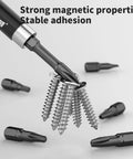 Impact Driver Bit Set 45 Piece Screwdriver Bit Set with Phillips bit demonstrating magnetic adherence to screws.