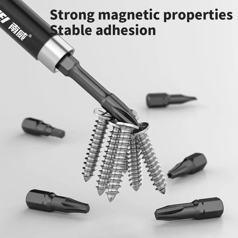 Impact Driver Bit Set 45 Piece Screwdriver Bit Set with Phillips bit demonstrating magnetic adherence to screws.