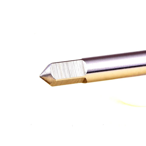Close-up of 3/8-16 Spiral Point HSS M2 Right Hand Tap, showing pointed tip with straight flutes for metal threading, 16 TPI, uncoated