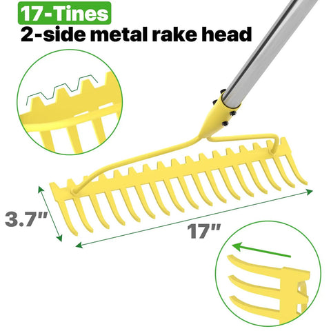 Heavy Duty Bow Rake For Leaves And Lawn Care, 6 Ft Metal Rake With 17 Tines And Stainless Steel Handle, Weatherproof Yard Leveling