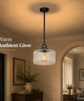 HXXLFONEDP 2 Pack Glass Pendant Lights for Kitchen Island, Matte Black, clear ribbed glass shade, adjustable height.