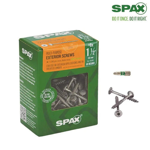 8 X 2 Exterior Wafer Head Wood Screws With Torx T-Star Plus, box and loose screws displayed, 1500 Count Bulk Pail.