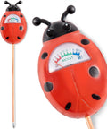 Red ladybug-shaped green soil moisture meter for indoor and outdoor plants, no batteries needed, easy-to-read plant water gauge.
