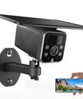 Solar Powered Wireless Security Camera With 2K Color Night Vision, Outdoor WiFi Surveillance, shown with smartphone connectivity.