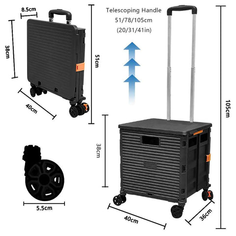 FELICON SELORSS foldable utility cart, black plastic with telescoping handle and 4 wheels; folded and extended views.