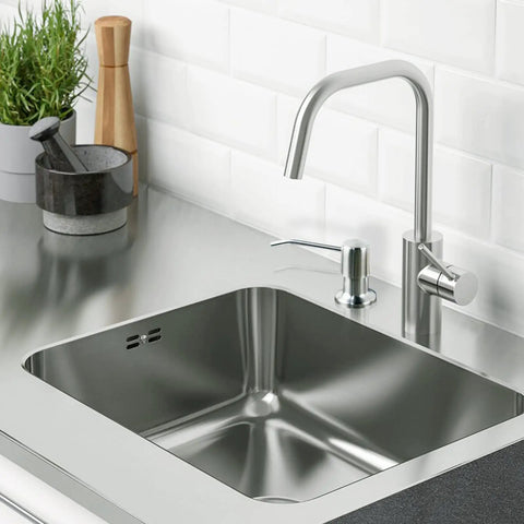 Stainless Steel Kitchen Soap Dispenser With Brushed Nickel Finish And 47 Inch Extension Tube Kit next to a silver kitchen sink
