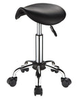 Saddle Rolling Stool With Wheels PU Leather Height Adjustable Swivel Chair Black For Salon Spa Bar Office Home 360 Degree Rotation