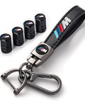BMW M Keyring And 4 Pack Dope Valve Stem Caps Car Keychain Set, black copper die-cast, waterproof, rust-resistant design