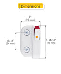 Dual Action White Window Opening Control Device LH RH Safe Window Stopper dimensions in mm and inches