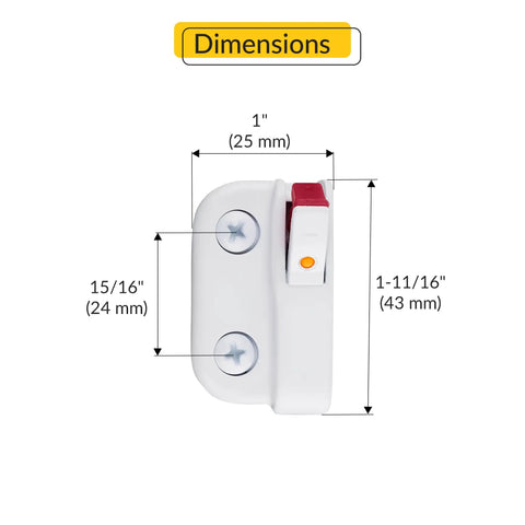 Dual Action White Window Opening Control Device LH RH Safe Window Stopper dimensions in mm and inches