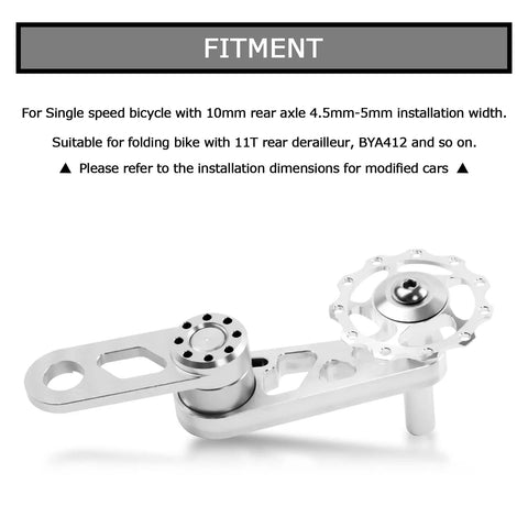 Silver Bike Chain Tensioner With Derailleur Hanger Chain Guide For Folding Bikes, Single Speed, 10mm Rear Axle, on white background