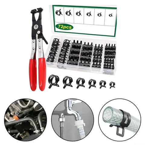 Ultimate 73-Piece Spring Hose Clamp Kit With Pro Pliers Made From Heavy Duty 65Mn Steel For Tough Automotive repairs plumbing fixes and sweet DIY home projects organized in sturdy storage box, 72pcs kit with pliers