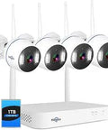Full Color Night Vision Wireless Security Camera System with 3MP Spotlight IP Cameras and 1TB NVR, shown with four cameras