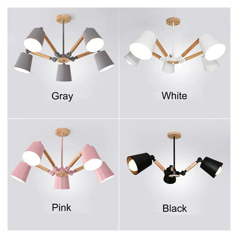 Fresh Modern Five Arm Pendant Light With Wooden And Metal Shade Adjustable Dining Hanging Lamp E27 Socket Smooth Glow For Contemporary Living Spaces showing gray, white, pink, and black color options.