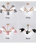 Slick Five Arm Adjustable Pendant Lights With Natural Wood And Brushed Metal Lampshades in gray, white, pink, and black.