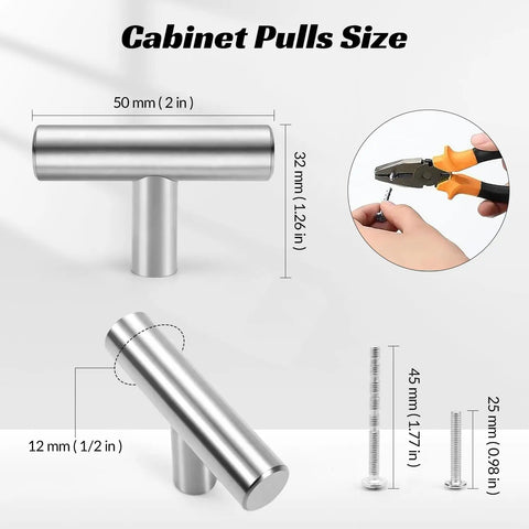 2 Inch Brushed Stainless Steel Cabinet Pulls T Bar Handles With Single Hole Installation size guide with dimensions and hardware