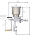 Front view of Table Clamp Manual Grain Grinder, aluminum alloy body, adjustable grind coarseness, hand crank, stable clamp.
