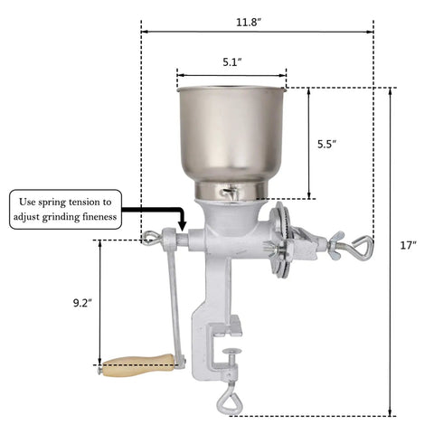 Front view of Table Clamp Manual Grain Grinder, aluminum alloy body, adjustable grind coarseness, hand crank, stable clamp.