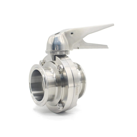 Side view of QiiMii sanitary stainless steel 304 tri-clamp butterfly valve with trigger handle and EPDM seal, 2-inch OD