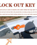 FUYEAR magnetic trailer surge brake lockout key with orange strap attached to trailer actuator.