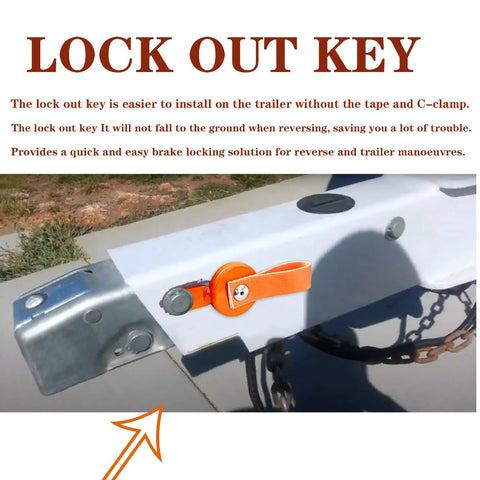 FUYEAR magnetic trailer surge brake lockout key with orange strap attached to trailer actuator.