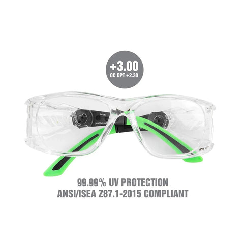Safety Glasses With Readers Plus 3.00 Magnification, UV Protection, ANSI Z87 High Impact Lenses, clear front view