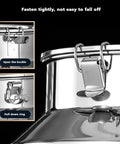 Close-up of Built Tough 304 Stainless Steel Bulk Pantry Barrel with secure locking lid and buckle mechanism.