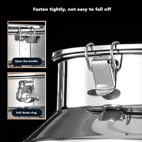 Close-up of Built Tough 304 Stainless Steel Bulk Pantry Barrel with secure locking lid and buckle mechanism.