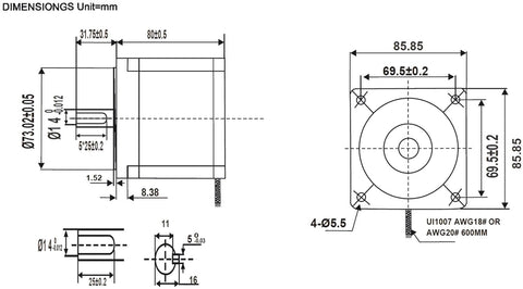 Dimensional drawing of Nema 34 stepper motor; 80 mm length, 4-hole square flange, shaft Ø14 (front and side views).