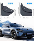 Next Gen Tesla Model Y Mud Flaps Splash Guards Set of 4 Fits 2025 and 2026 Models displayed with measurements and angles.