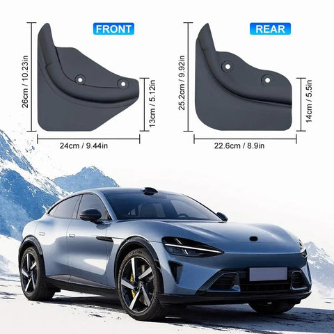 Next Gen Tesla Model Y Mud Flaps Splash Guards Set of 4 Fits 2025 and 2026 Models displayed with measurements and angles.