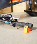 Clip On Bike Handlebar Stand Set For Inverted Parking And Bike Maintenance, orange stand elevates MTB bars, protects levers.