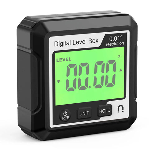 Knockout Performance Digital Angle Finder With Heavy Duty Magnetic Base And Bright Backlit Lcd Display Functions As A Sleek Protractor Inclinometer Level Box For Dead On Accuracy, showing a digital level box with green display.