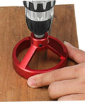 Pro Level 7 Piece Metal Hole Puncher And Drill Guide For Woodworking Rock Solid Alignment Tool being used on wood.
