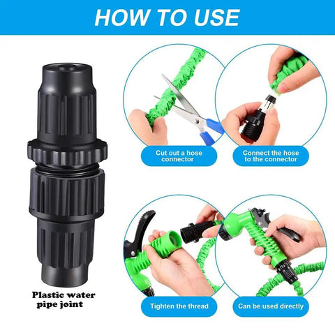 Premium Garden Hose Adapters And Water Expandable Repair Kit With Fresh Washers, Perfect Fix For Leaky Expandable Hoses That Make Gardening A Total Breeze For Any Plant Lover. Black ABS plastic hose connector used to repair 6mm expandable tubing.