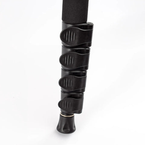 Close-up of the five-section leg clamp of the Ultra Portable 80 Inch Aluminum Travel Tripod With Ball Head