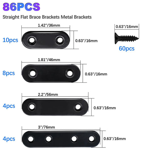 Heavy Duty Black Straight Flat Brackets For Wood And Metal, 86 Piece Stainless Steel Mending Plates With Screws, showing sizes 36Mm, 46Mm, 56Mm, 76Mm.