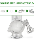 TAISHER 3-inch stainless steel sanitary end cap with tri-clamp ferrule and silicone gasket, mounted on pipe