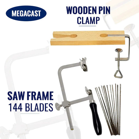 3 In 1 Pro Grade Jeweler's Saw Set With Frame And 144 Blades, Wooden Pin Clamp For Wood And Metal, DIYers, black handle