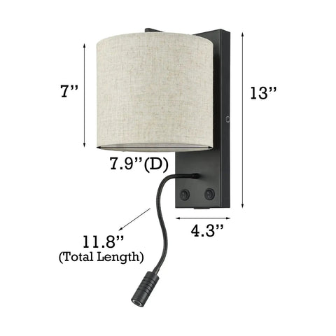Bedroom Wall Sconce with USB Type C and USB Ports, Sleek Black Dope Bedside LED Reading Light, Flexible 11.8 Inch Arm with dimensions