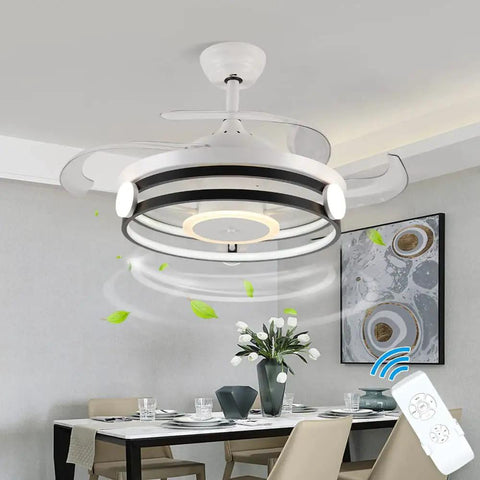 35 Inch Retractable Ceiling Fan With Remote And Lights over dining table in modern room, showing remote and bladeless design