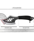 Beast Fixed Blade Axe Knife With Saw Back, black handle, protractor and ruler showing dimensions, 27cm length