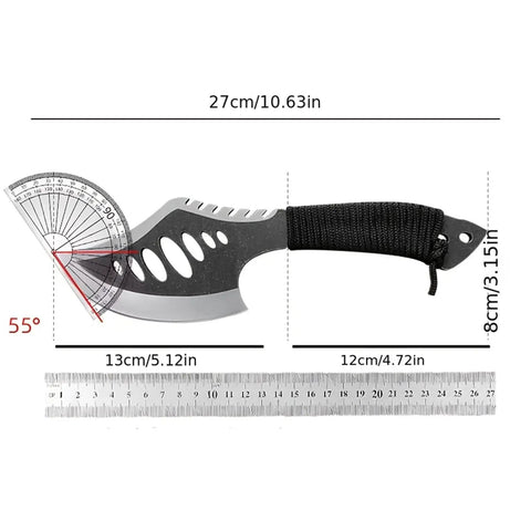 Beast Fixed Blade Axe Knife With Saw Back, black handle, protractor and ruler showing dimensions, 27cm length